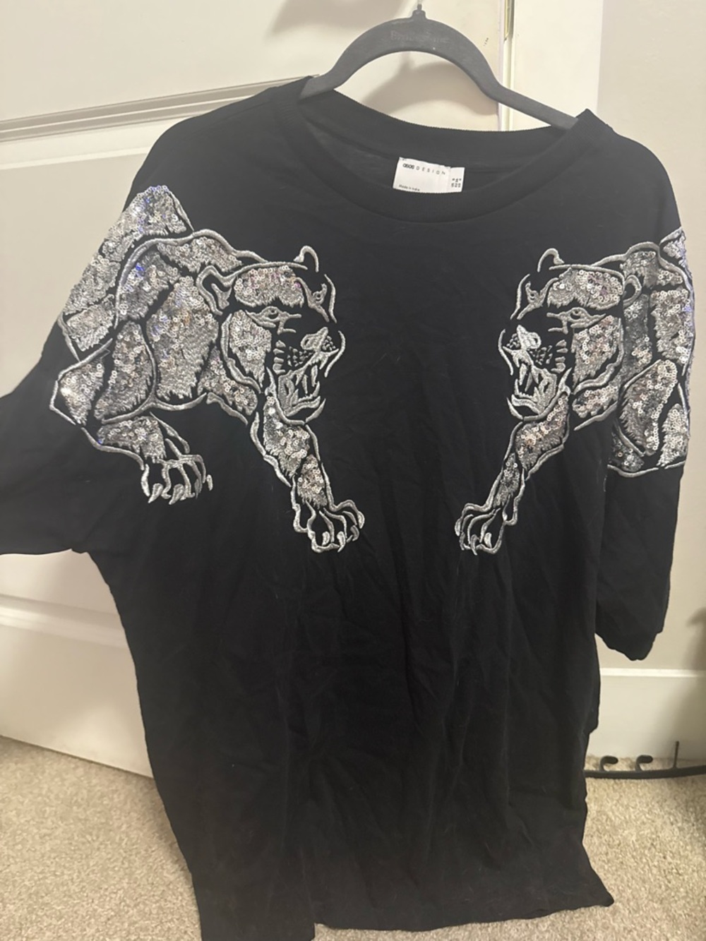 ASOS Black Tee with Silver Sequin Panther Appliqués